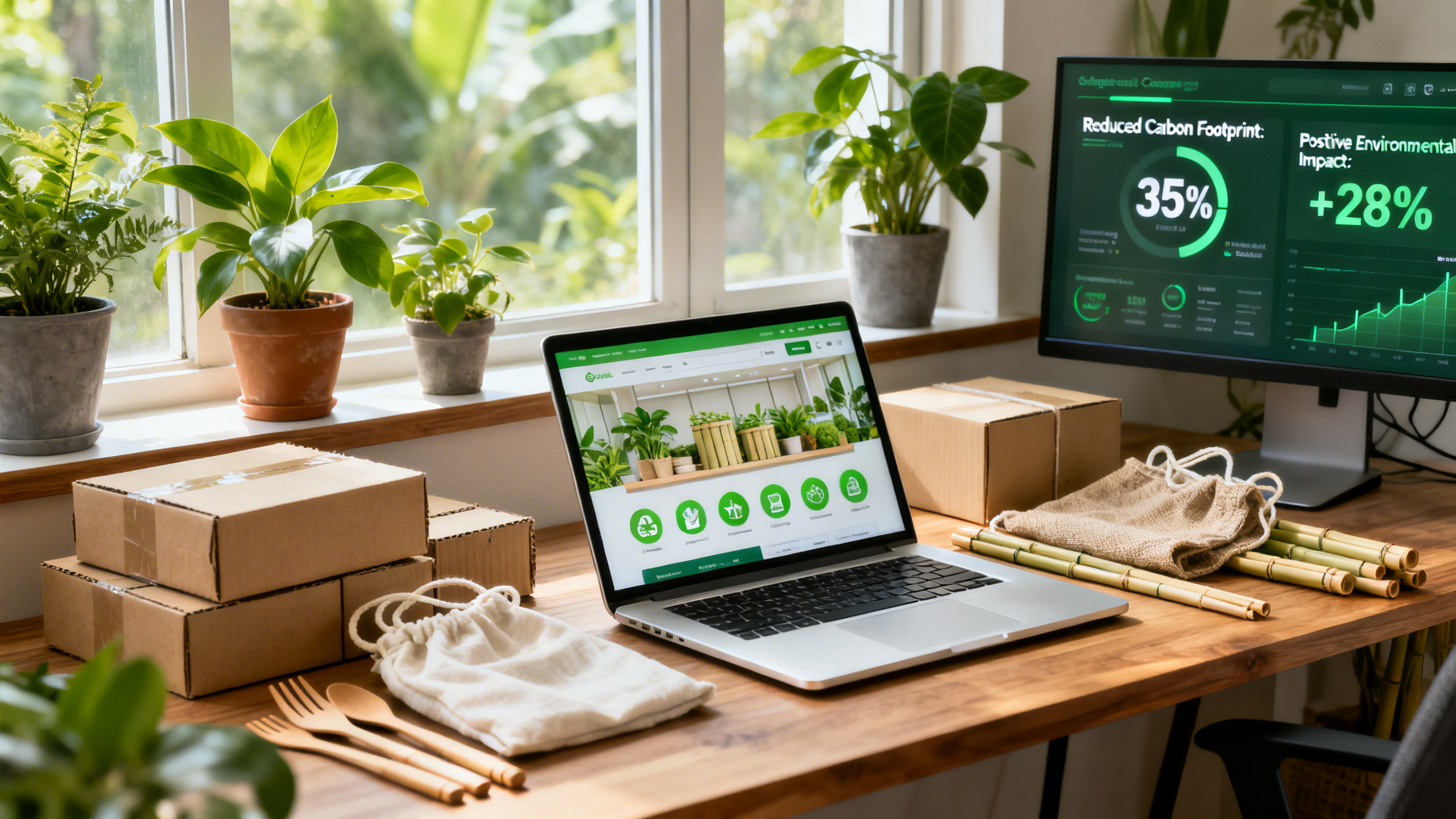 An ultra realistic image of a modern e-commerce workspace featuring a sleek laptop displaying a vibrant online store with green-themed icons, surrounded by eco-friendly packaging materials, recycled cardboard boxes, and sustainable products like reusable bags and bamboo utensils. Sunlight streams through large windows highlighting potted plants and a digital dashboard showing reduced carbon footprint and positive environmental impact. The atmosphere conveys innovation, technology, and a commitment to sustainability, blending nature with cutting-edge commerce.