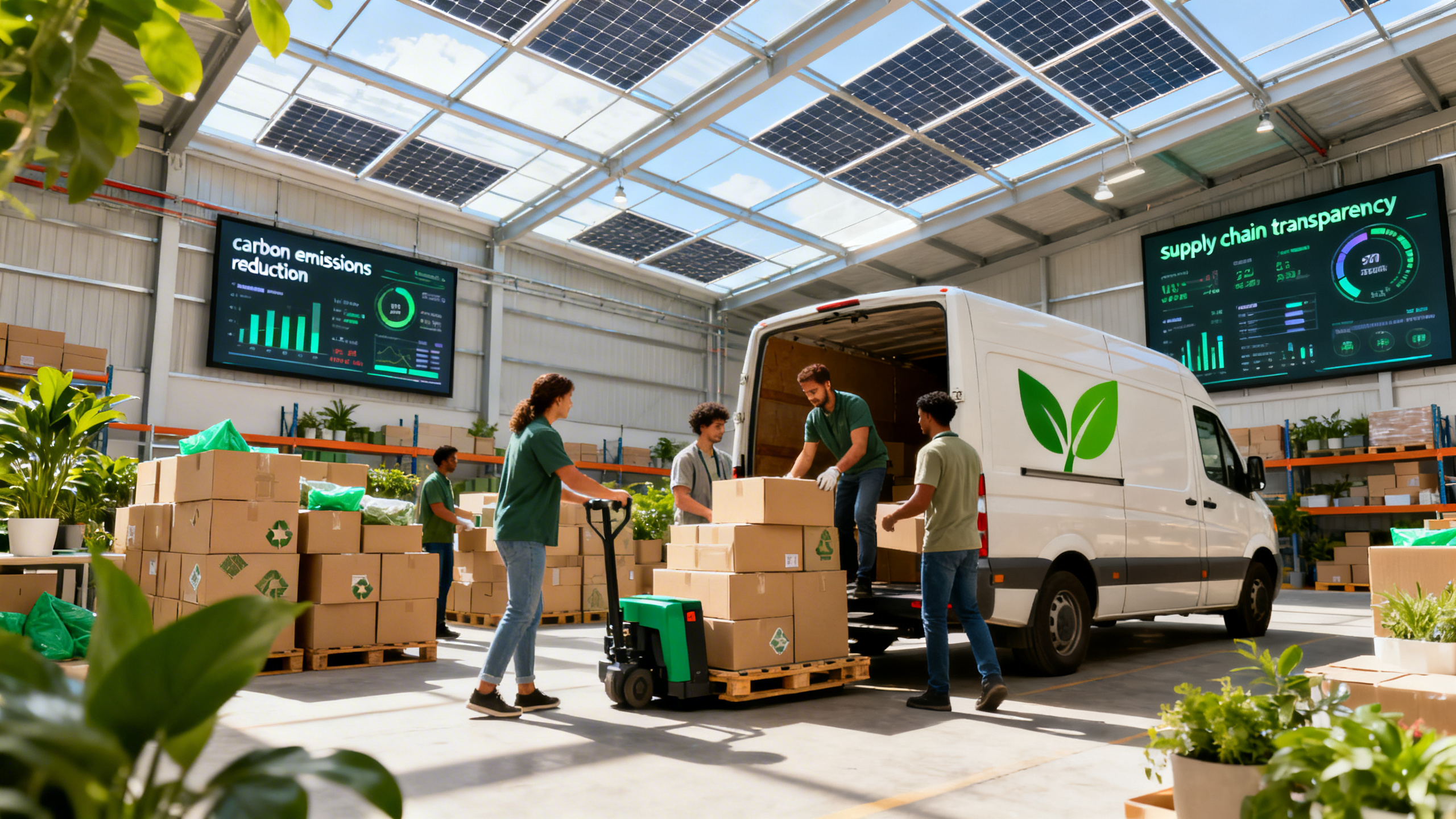 Ultra realistic image of a diverse group of people in a modern, sunlit warehouse filled with neatly stacked recycled cardboard boxes, eco-friendly packaging, and greenery. Solar panels are visible on the roof through large skylights. In the foreground, a delivery van with a green leaf logo is being loaded using electric pallet jacks. Digital screens display data on carbon emissions reduction and supply chain transparency. Employees are wearing casual attire and appear engaged and positive. The atmosphere is clean, vibrant, and efficient, conveying innovation and environmental responsibility in e-commerce.