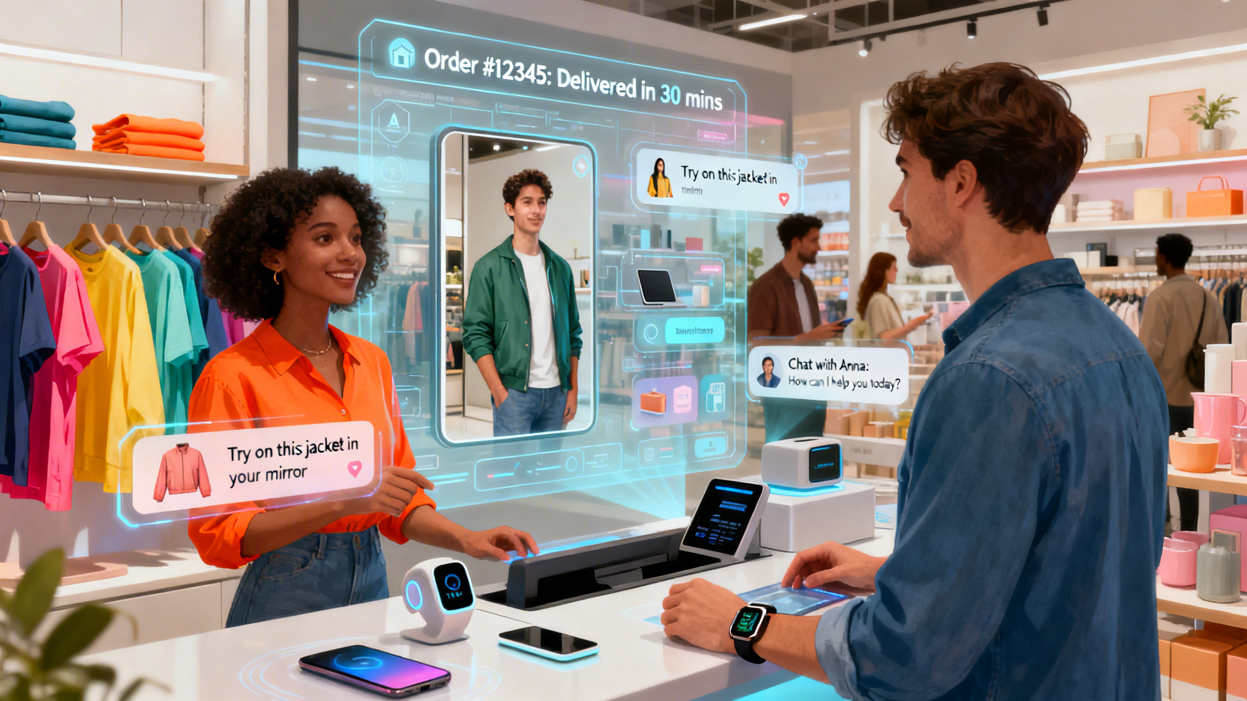 Ultra realistic digital art of a futuristic e-commerce experience: a diverse group of people interact seamlessly with virtual screens and holographic interfaces while exploring a sleek, immersive digital marketplace. Dynamic product displays, AI-powered recommendations, and smart devices create a personalized shopping environment. Soft, natural lighting highlights vivid colors of clothing, electronics, and home goods. In the background, a transparent screen shows real-time order tracking, AR try-on features, and instant customer support chat. The atmosphere is modern, innovative, and welcoming, capturing the evolution of online shopping beyond traditional checkout.