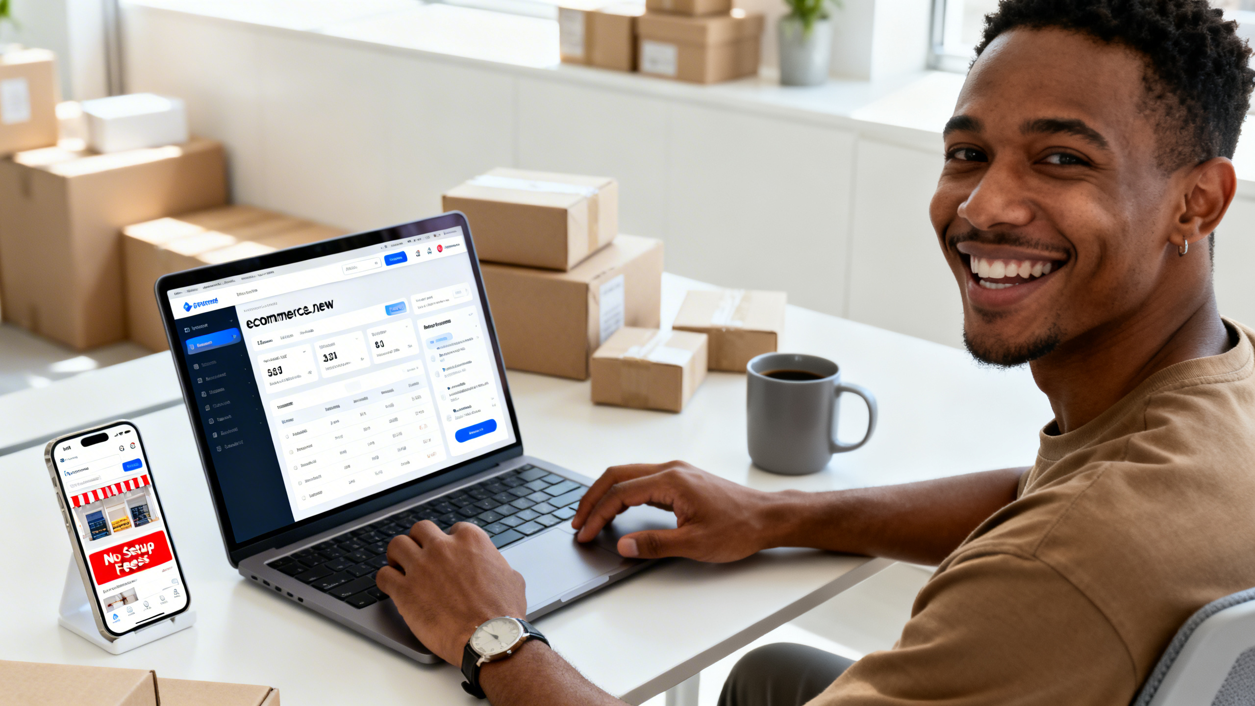Ultra realistic image of a diverse entrepreneur sitting confidently at a modern desk, smiling while browsing a sleek, user-friendly website on a laptop displaying an `ecommerce.new` dashboard. The background shows a bright, inviting workspace with product packages, a coffee mug, and a smartphone displaying an online store with `No Setup Fees` highlighted. The atmosphere conveys excitement and ease, emphasizing simple, barrier-free eCommerce. Natural lighting, sharp details, and authentic human expressions.