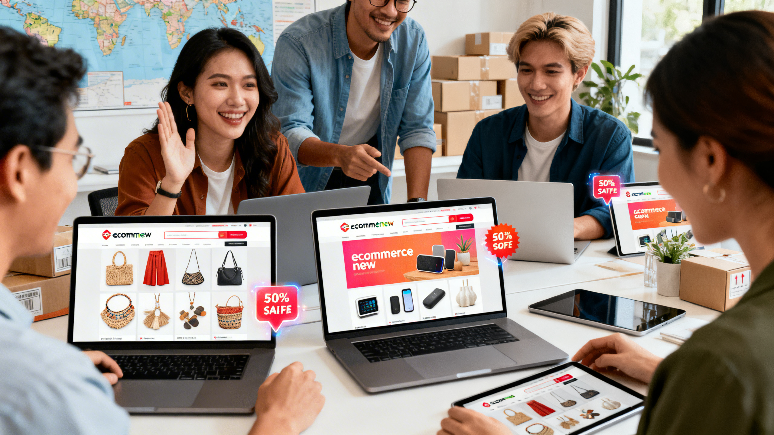 A diverse group of entrepreneurs celebrating in a modern workspace, each showcasing unique products like fashion accessories, handmade crafts, tech gadgets, and home decor. The scene features sleek laptops and tablets displaying a vibrant online storefront with the ecommerce.new logo prominently visible. Bright natural lighting highlights excitement and collaboration, with digital sales notifications popping up on screens. The background hints at a global marketplace, with maps and shipping boxes ready for dispatch, evoking the idea of selling anything, anywhere. Ultra realistic style, sharp details, lifelike textures, and a professional, inviting atmosphere.