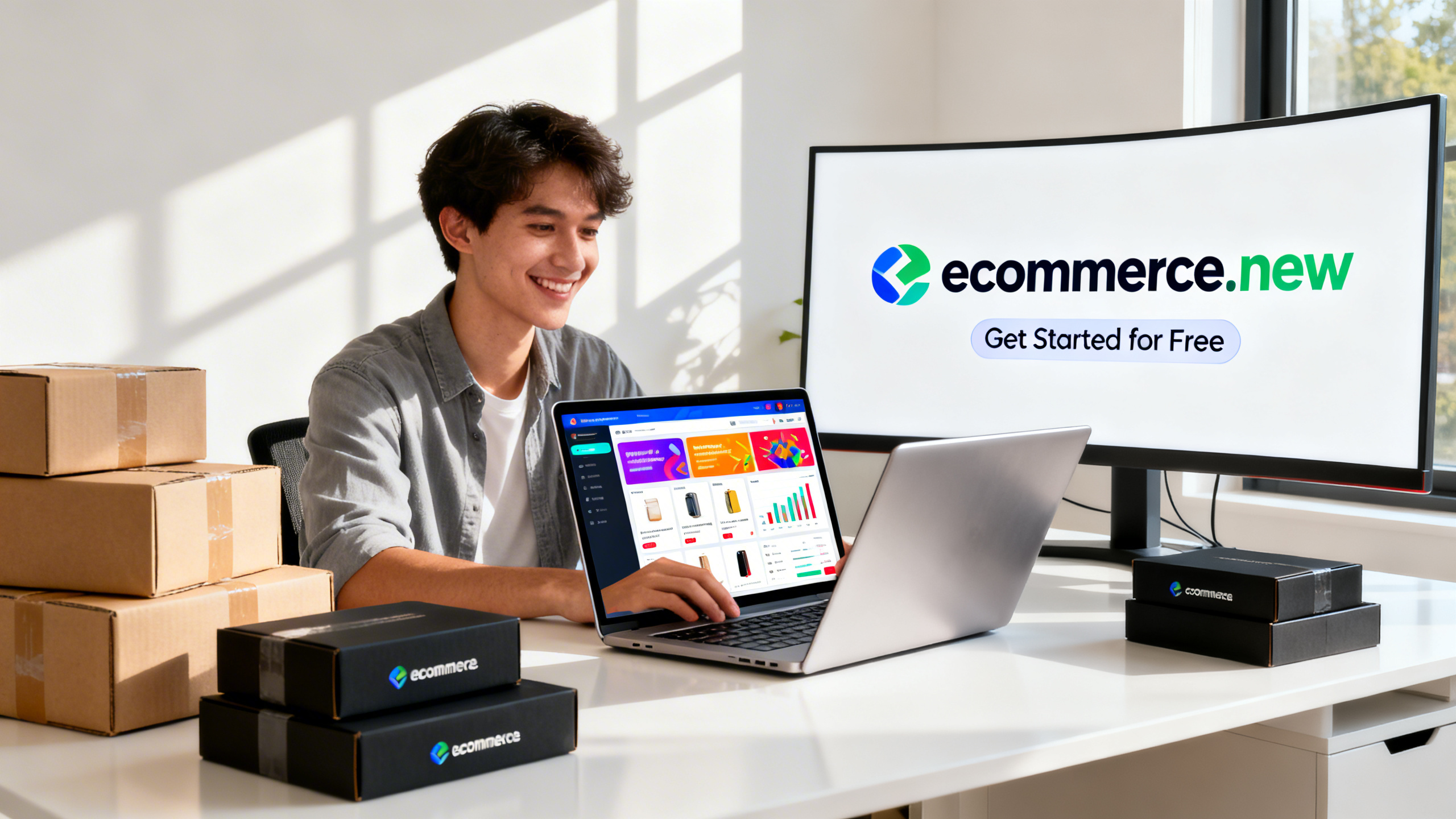 Ultra-realistic image of a modern home office with a young entrepreneur sitting at a sleek desk, smiling while using a laptop. The laptop screen displays a vibrant ecommerce dashboard with product listings and sales analytics. Surrounding the workspace are shipping boxes, packing tape, and branded products ready for shipping. Sunlight streams through a window, highlighting a contemporary, inviting atmosphere. In the background, a large monitor shows the ecommerce.new logo and the words `Get Started for Free` in bold, friendly lettering. The scene conveys excitement, accessibility, and professionalism in launching an online business.