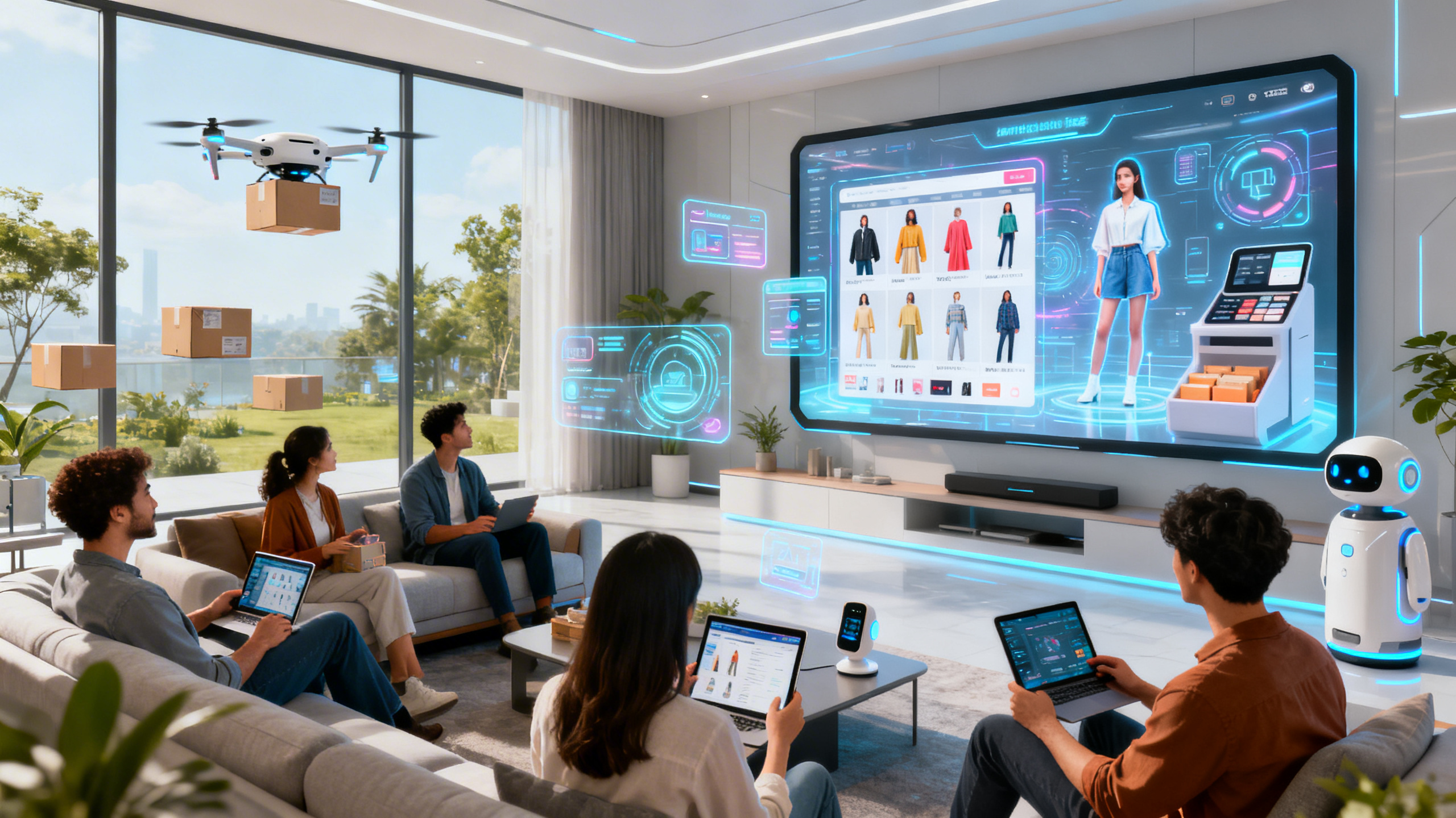 Ultra-realistic scene depicting a futuristic living room where a diverse group of people shop online using advanced technology. Large holographic screens display dynamic product catalogs, virtual models showcase clothing, and a seamless checkout process is visualized with digital interfaces floating in the air. Smart devices and AI assistants guide the users. The environment blends comfort and innovation, with packages arriving via autonomous drones visible through floor-to-ceiling windows. The lighting is bright and natural, emphasizing a clean, modern aesthetic. The mood is optimistic, highlighting convenience, personalization, and the evolution of shopping habits in the digital age.