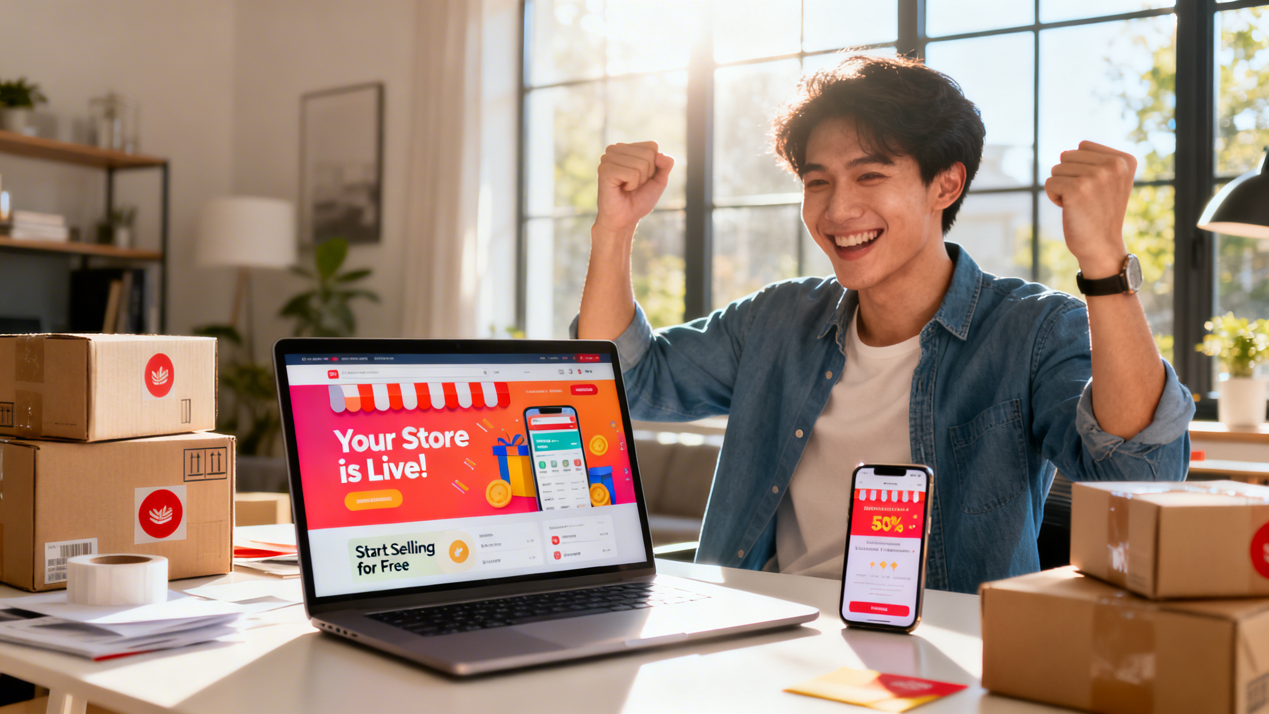 Ultra-realistic image of a young entrepreneur celebrating in a modern home office, surrounded by technology such as a sleek laptop displaying a vibrant online store dashboard, smartphone showing sales notifications, shipping boxes, and branded packaging materials. Sunlight streams through large windows, highlighting a confident smile and dynamic workspace. Subtle graphics on the screen read `Your Store is Live!` and `Start Selling for Free.` Fresh, energetic, and inspiring atmosphere, suitable for an article about launching a free online store with ecommerce.new.