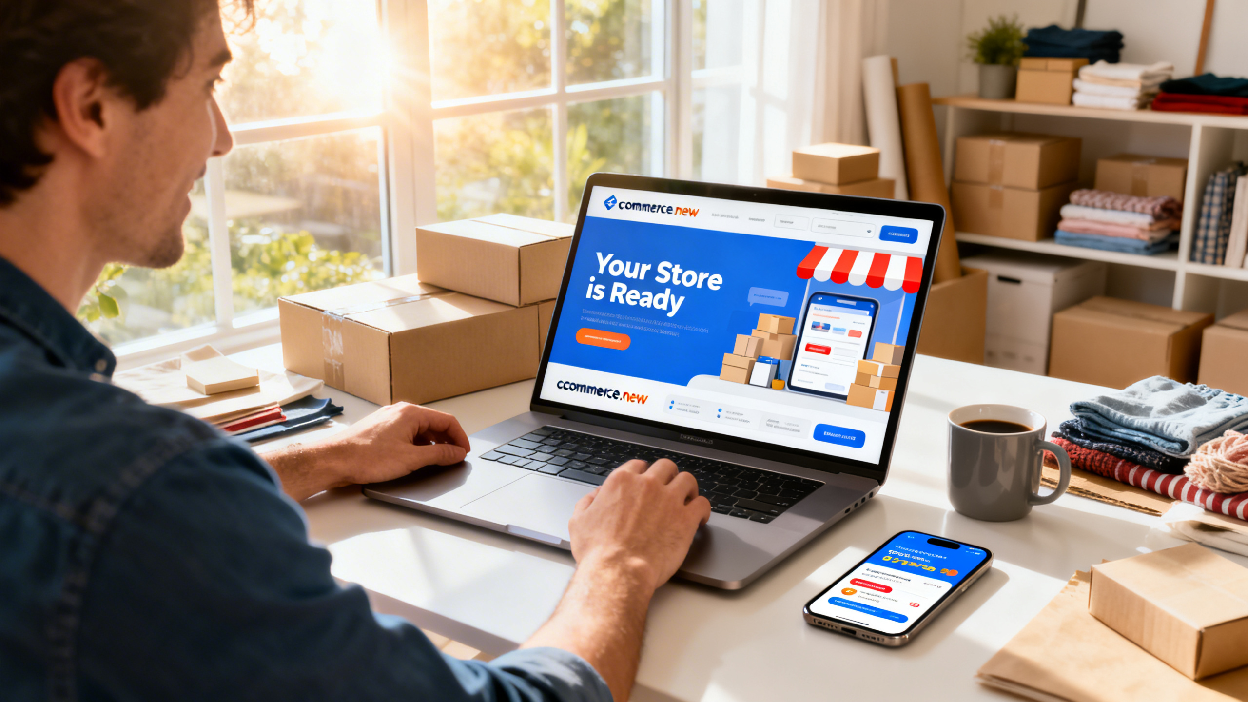 A vibrant, ultra-realistic image showcasing a modern entrepreneur in a bright, stylish home office, confidently building an online store on a sleek laptop. The screen displays an intuitive eCommerce platform with a `Your Store is Ready` notification. Sunlight streams in through large windows, illuminating product boxes, packaging materials, and neatly arranged merchandise nearby. A smartphone on the desk shows new sales notifications. The atmosphere exudes success and motivation, with subtle branding elements of `ecommerce.new` on the laptop screen and a coffee mug. The scene radiates opportunity, innovation, and the excitement of launching a free online business.