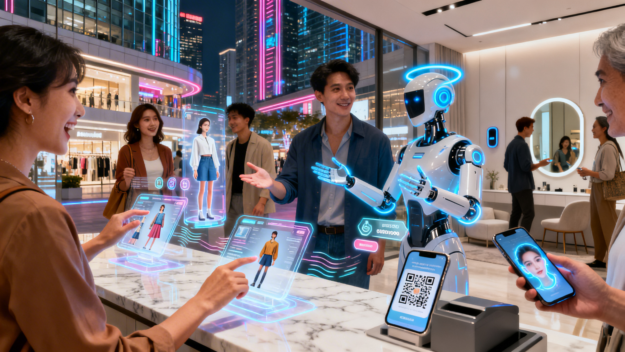 Ultra realistic scene of a diverse group of shoppers interacting with futuristic e-commerce interfaces: holographic product displays, augmented reality try-ons, AI-powered virtual assistants, and seamless mobile checkout. Modern, sleek home and urban backgrounds, vibrant colors, sharp lighting, and intricate digital UI elements. Emphasize cutting-edge technology, human engagement, and innovation in online shopping. High detail, photorealistic textures, and lifelike expressions.