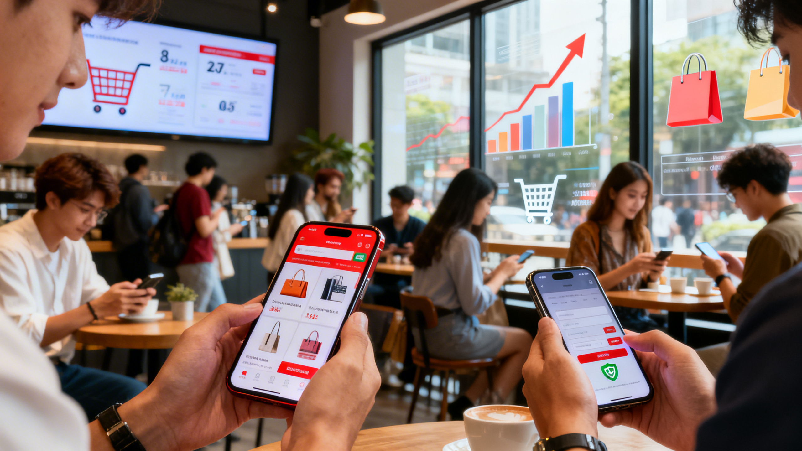 A bustling modern cafe setting with diverse young professionals and shoppers intently browsing and shopping on their smartphones. The mobile screens glow vividly, displaying sleek e-commerce interfaces with product images, shopping carts, and secure checkout icons. In the background, large digital billboards and window reflections subtly display trending e-commerce sales statistics, upward graphs, and digital shopping bags. Soft natural lighting highlights the seamless integration of technology and daily life, emphasizing the power and convenience of mobile-first shopping. Hyper-realistic detail, sharp focus, natural skin tones, and lifelike textures.