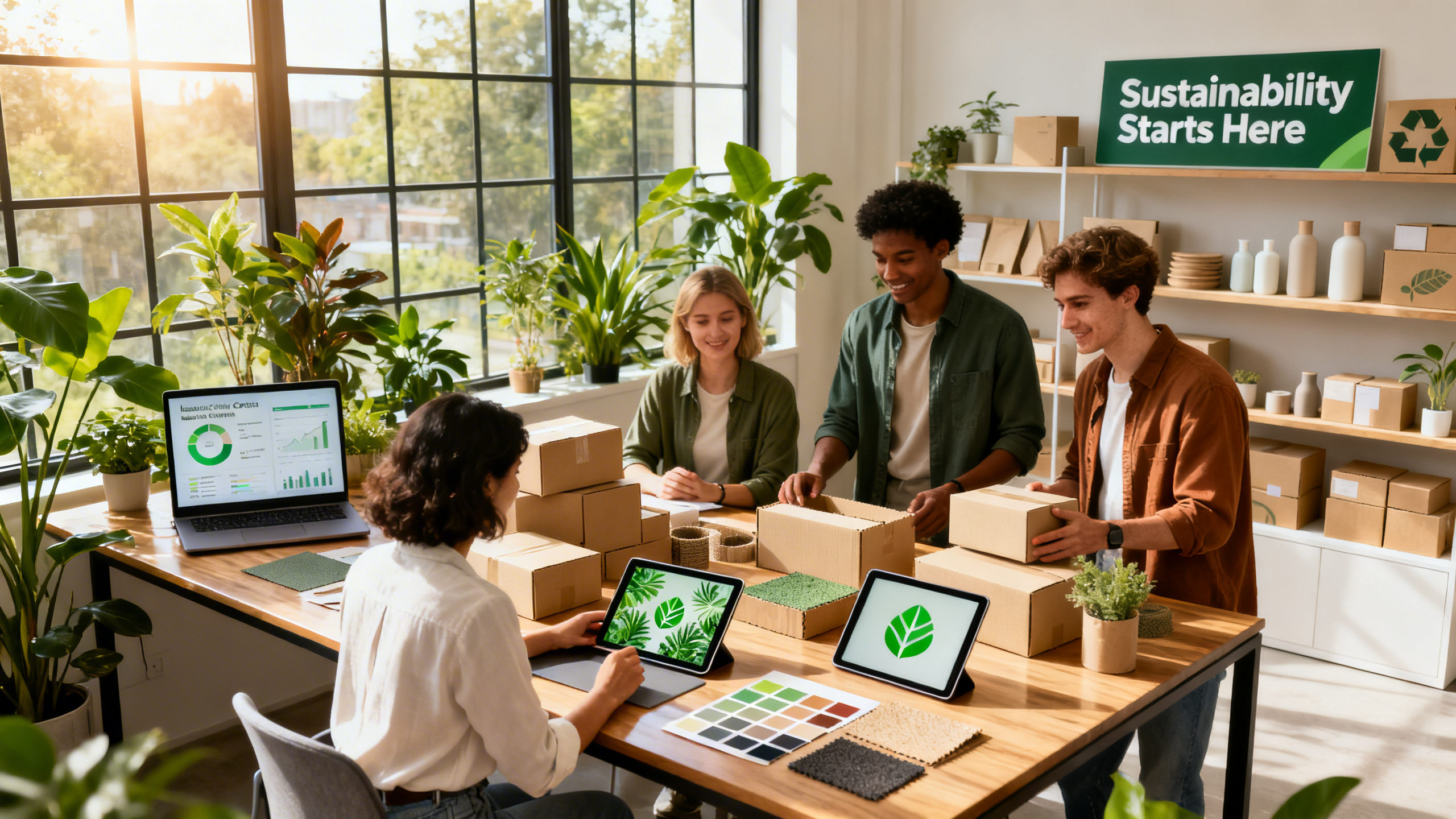 Ultra-realistic image of a modern e-commerce workspace: a diverse team of professionals collaborating around a sleek wooden table filled with eco-friendly packaging, recycled boxes, digital tablets displaying lush green logos, and swatches of sustainable materials. Sunlight streams through large windows revealing indoor plants, while a laptop screen shows analytics of reduced carbon footprints. In the background, shelves display minimalist products in biodegradable packaging, and a prominent sign reads `Sustainability Starts Here.` The scene radiates innovation, environmental responsibility, and cutting-edge digital branding, perfect for a forward-thinking sustainability-focused e-commerce article.
