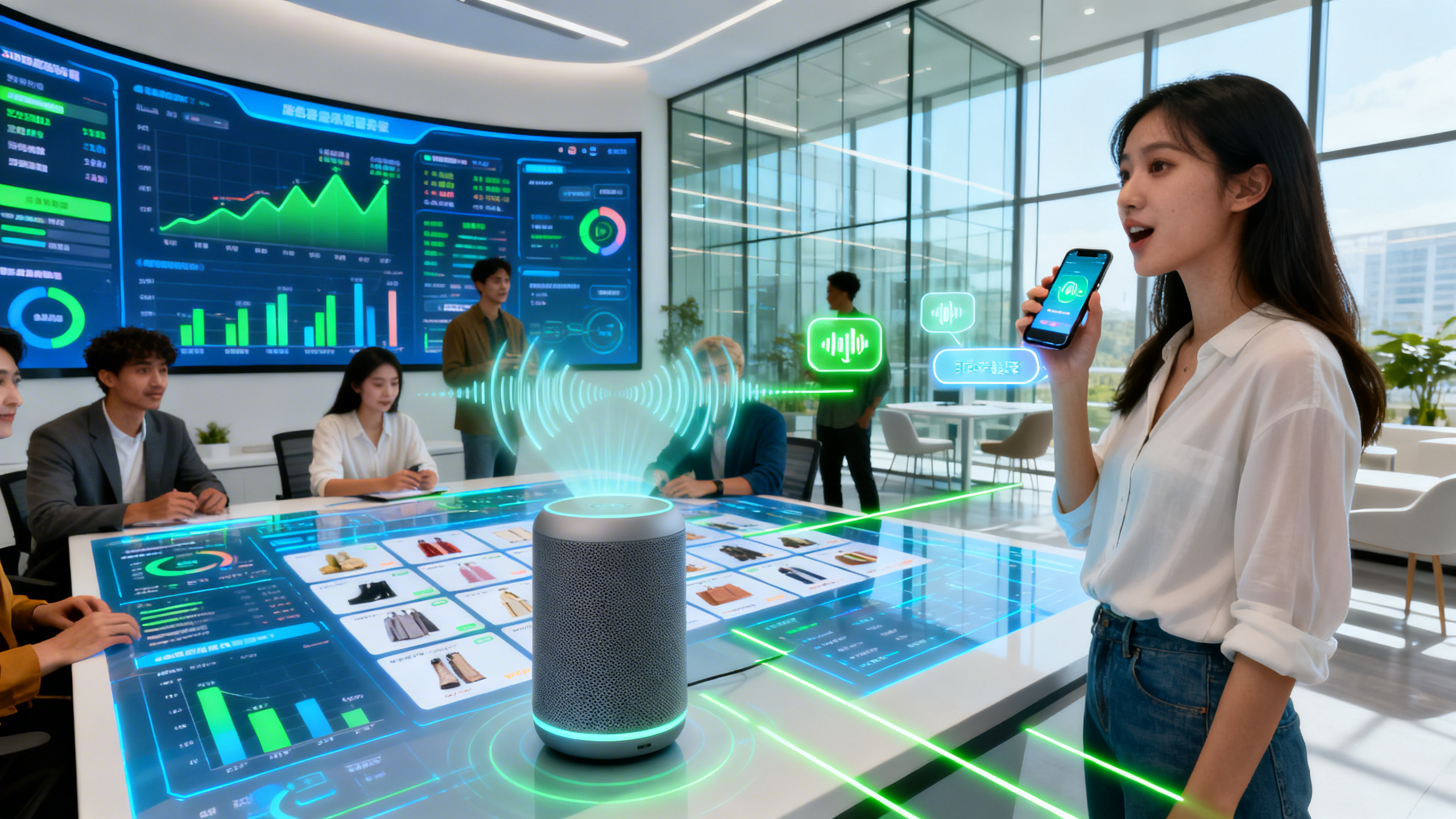 An ultra realistic image depicting a modern e-commerce workspace: a diverse group of professionals gathered around a large digital table displaying advanced analytics and product listings. In the foreground, a sleek smart speaker emits sound waves, while a young woman speaks clearly into her smartphone, activating a voice search. Behind them, wall-mounted screens show data visualizations of online sales surges and voice search trends. The environment is bright, high-tech, and dynamic, emphasizing innovation and the seamless integration of voice technology into online shopping experiences.