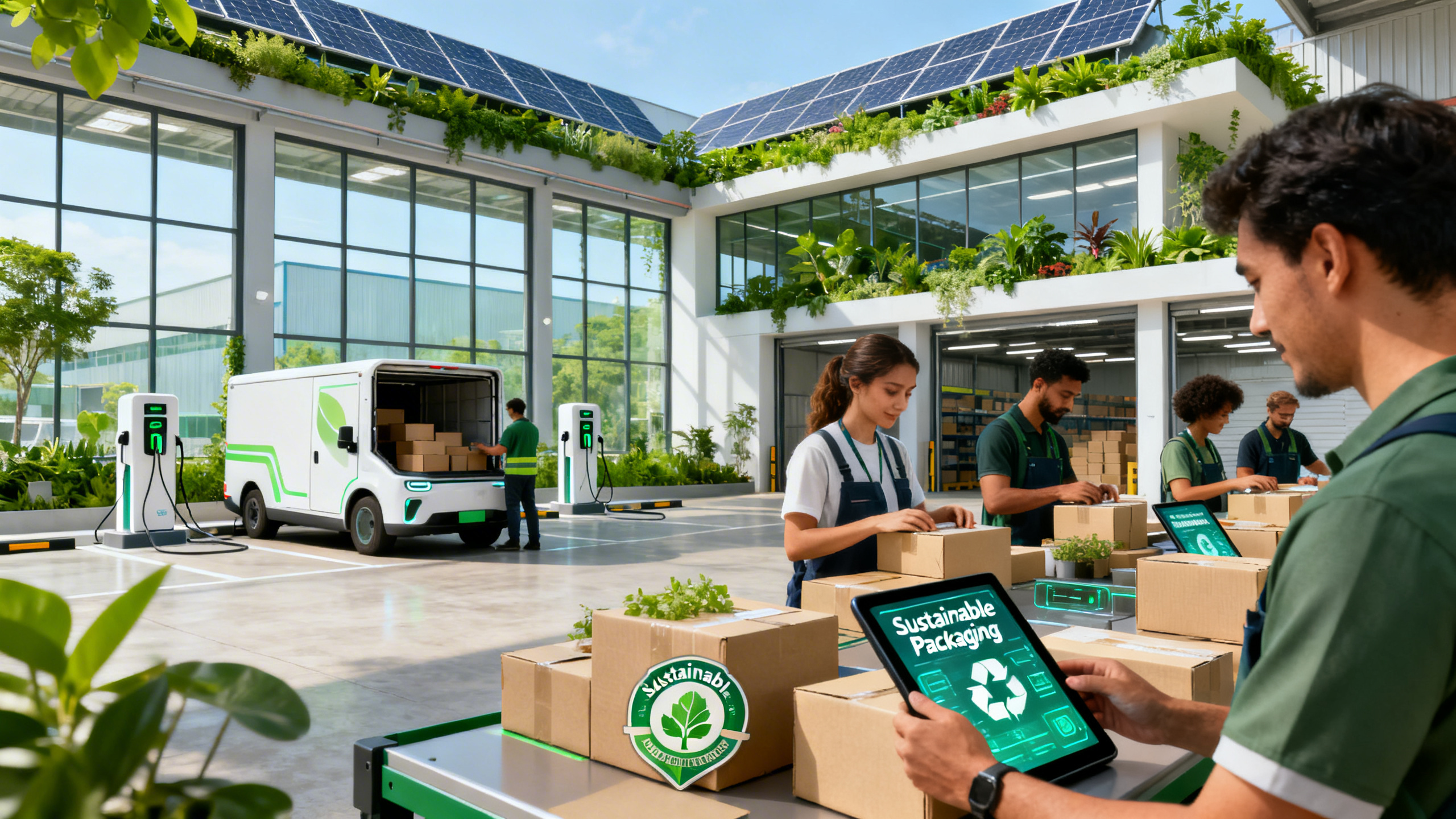 Ultra realistic image of a modern, eco-friendly e-commerce warehouse with abundant natural light, solar panels on the rooftop, and lush green plants integrated into the architecture. In the foreground, diverse employees package products in recyclable materials, surrounded by digital tablets displaying sustainable badges. Electric delivery vehicles are being loaded outside near charging stations. Highlight vibrant colors, sharp details, and a clean, innovative atmosphere that communicates environmental responsibility and advanced technology.