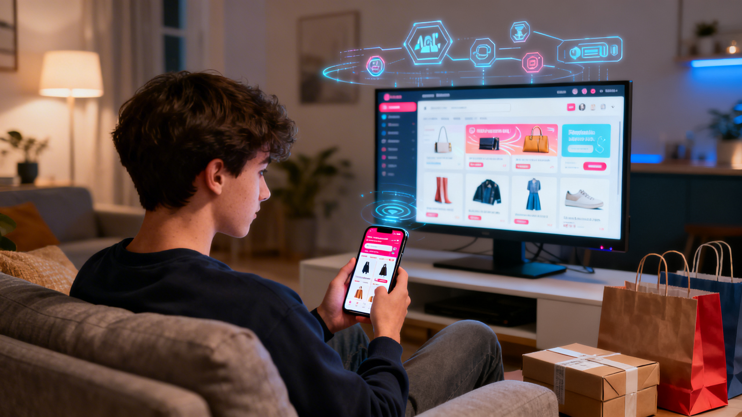Ultra realistic scene inside a modern online shopper`s home: a young adult sits comfortably on a sofa, holding a smartphone displaying a vibrant e-commerce app interface personalized with AI-driven product recommendations. In the background, a large monitor shows an interactive shopping dashboard with personalized offers and dynamic product visuals. Subtle holographic overlays and digital icons float above the devices, illustrating seamless AI integration. Soft ambient lighting, contemporary decor, shopping bags, and parcels near the sofa complete the environment. Emphasize lifelike skin textures, expressive facial features, and detailed reflections on device screens to highlight the transformative power of AI in personalized online shopping.