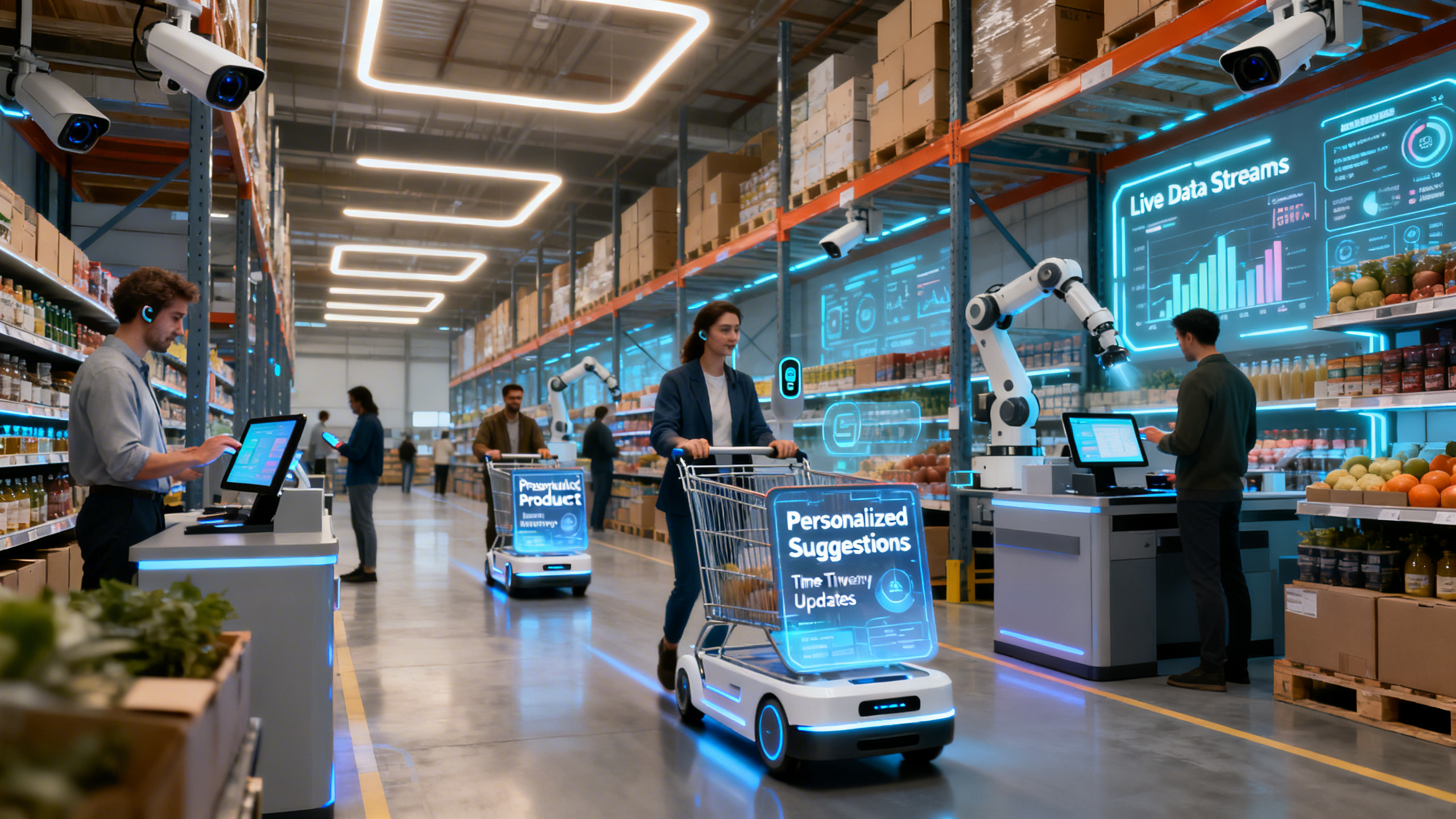 Ultra-realistic scene inside a modern online shopping warehouse: sleek, AI-powered smart shopping carts glide autonomously between aisles, their digital screens displaying personalized product suggestions and real-time inventory updates. Customers interact with the carts through touch interfaces and voice assistants, receiving seamless checkout experiences. Overhead, soft ambient lighting and high-resolution security cameras blend subtly into the high-tech environment. In the background, digital analytics dashboards glow with live data streams, while robotic arms efficiently restock shelves. The atmosphere conveys innovation, convenience, and the quiet intelligence of AI-driven e-commerce transformation.