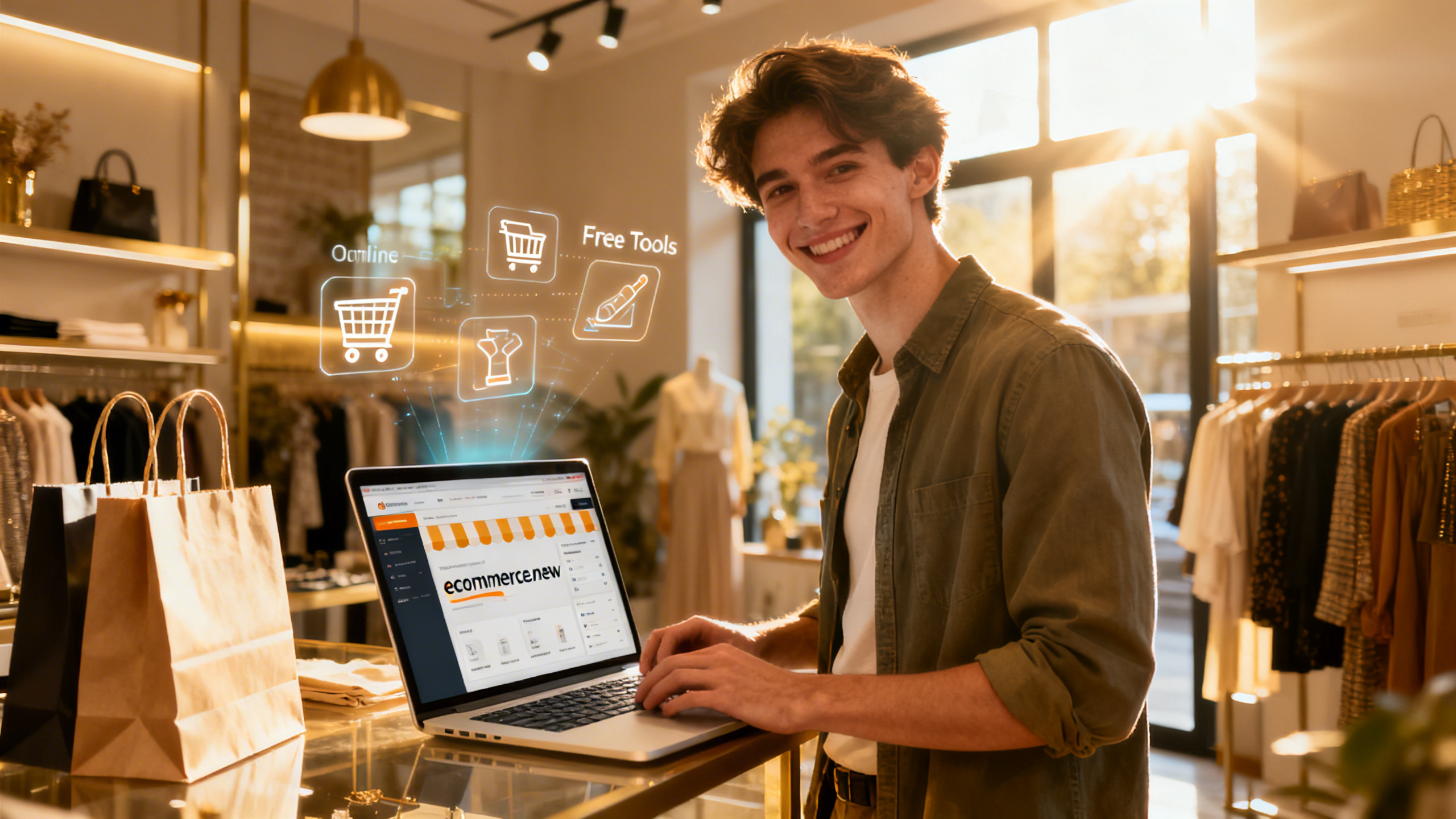 Ultra realistic image of a young entrepreneur standing confidently in a trendy, well-lit boutique filled with stylish products and modern decor. The person is smiling while using a sleek laptop that displays an ecommerce website dashboard with the logo `ecommerce.new` visible on the screen. Shopping bags, product displays, and digital icons representing online shopping and free tools subtly surround the scene. Sunlight streams in through large windows, creating a bright and hopeful atmosphere that conveys excitement and possibility about launching a new business.